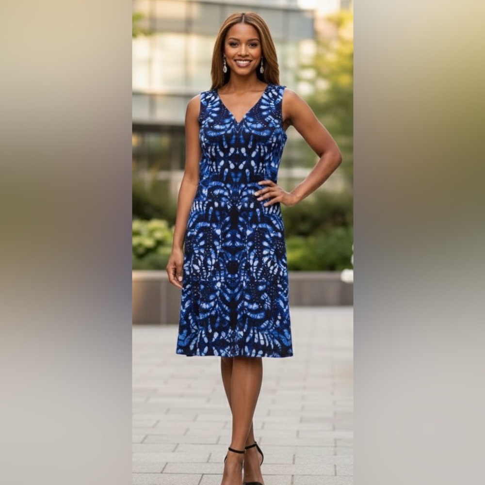 Anne Klein blue/white leaves pattern midi dress, brand new, 14